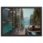 Gentleman’s Alpine Drive – Poster featuring a classic convertible along an alpine lake surrounded by mountains and tall trees.
