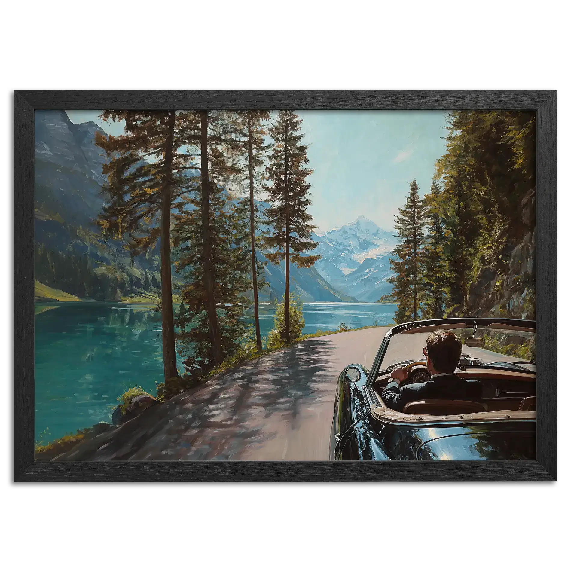 Gentleman’s Alpine Drive – Poster featuring a classic convertible along an alpine lake surrounded by mountains and tall trees.