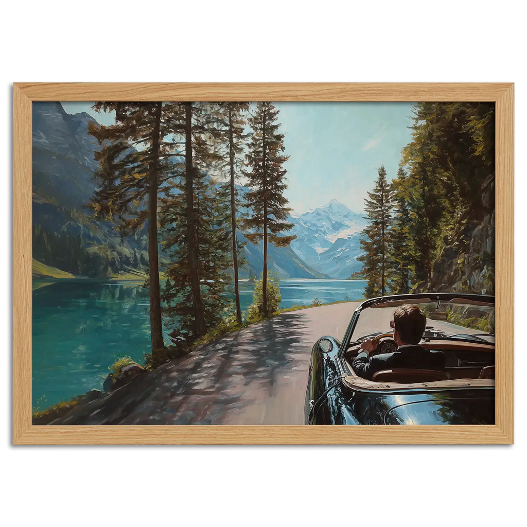 Gentleman’s Alpine Drive – Poster featuring a classic convertible driving by an alpine lake.