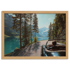Gentleman’s Alpine Drive – Poster featuring a classic convertible driving by an alpine lake.