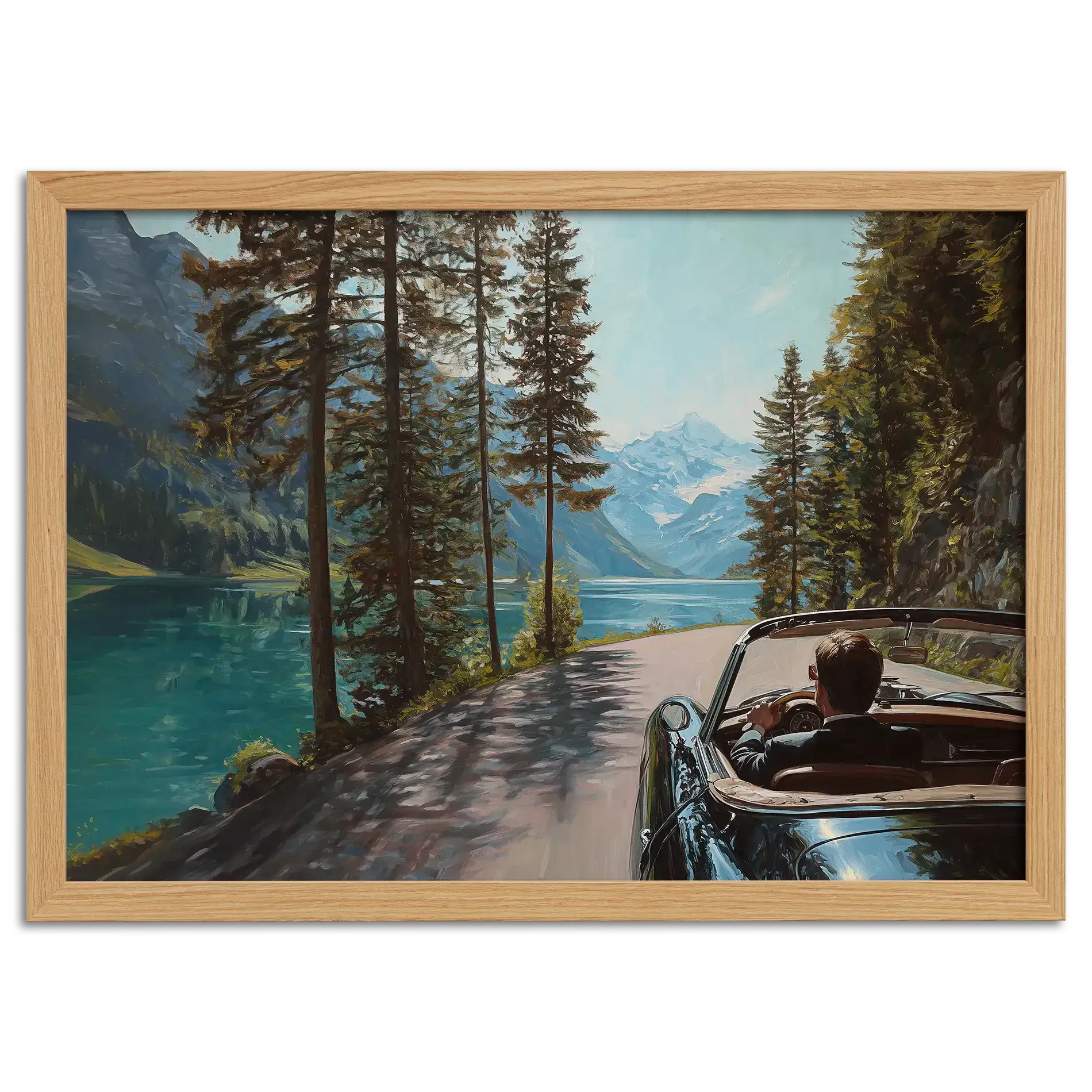 Gentleman’s Alpine Drive – Poster featuring a classic convertible driving by an alpine lake.