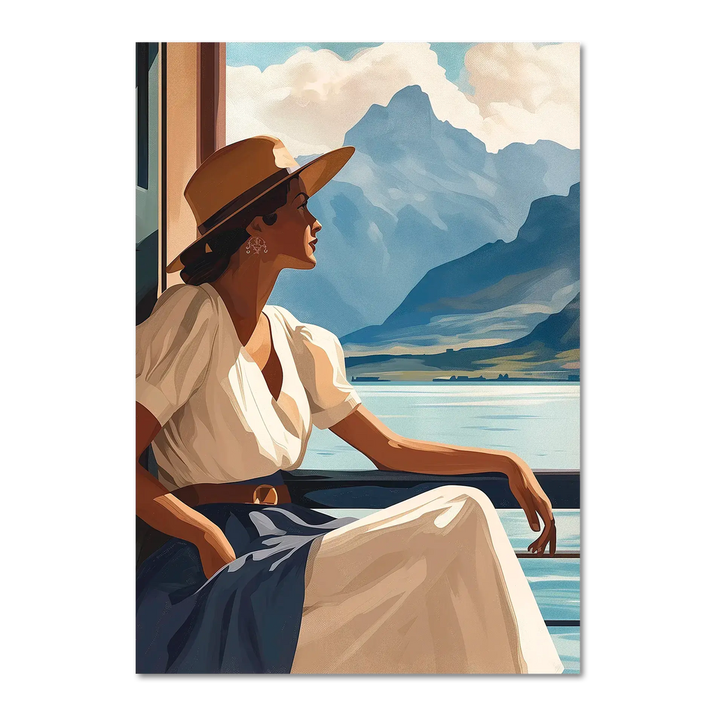 Girl near mountain water - Poster: Woman enjoying mountain view from lakeside balcony, soft sunlight highlights her silhouette.