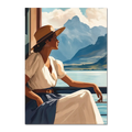 Girl near mountain water - Poster: Woman enjoying mountain view from lakeside balcony, soft sunlight highlights her silhouette.