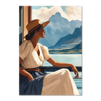 Girl near mountain water - Poster: Woman enjoying mountain view from lakeside balcony, soft sunlight highlights her silhouette.