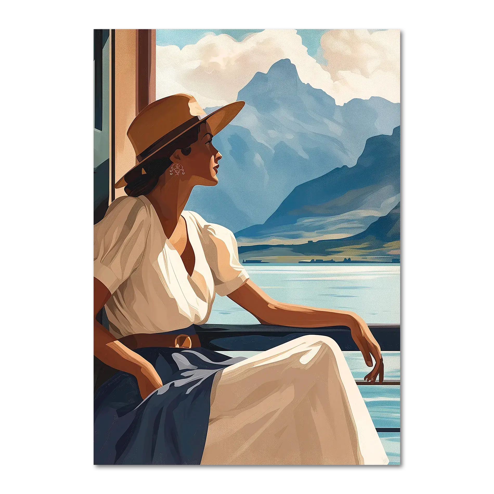 Girl near mountain water - Poster: Woman enjoying mountain view from lakeside balcony, soft sunlight highlights her silhouette.