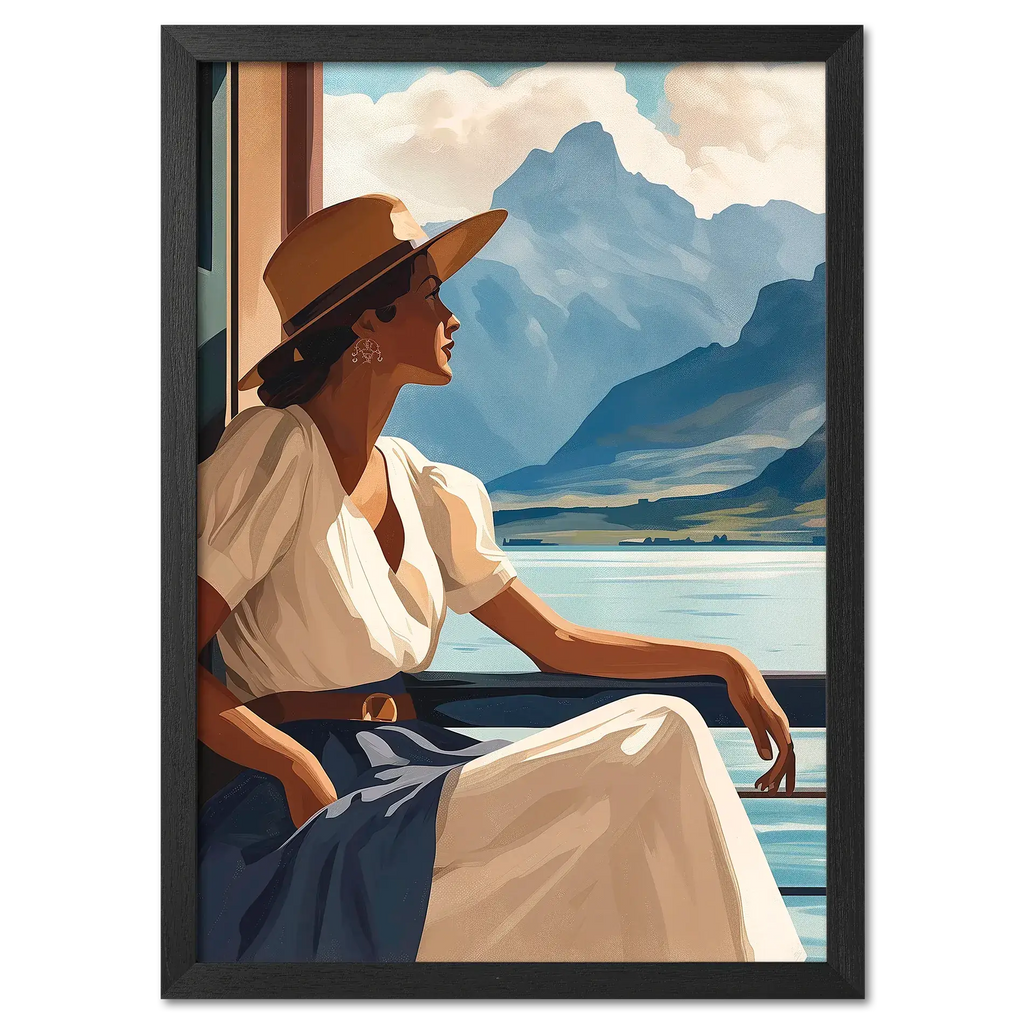 Girl near mountain water - Poster showing a serene woman by a lake with mountain views and warm sunlight.