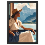 Girl near mountain water - Poster showing a serene woman by a lake with mountain views and warm sunlight.
