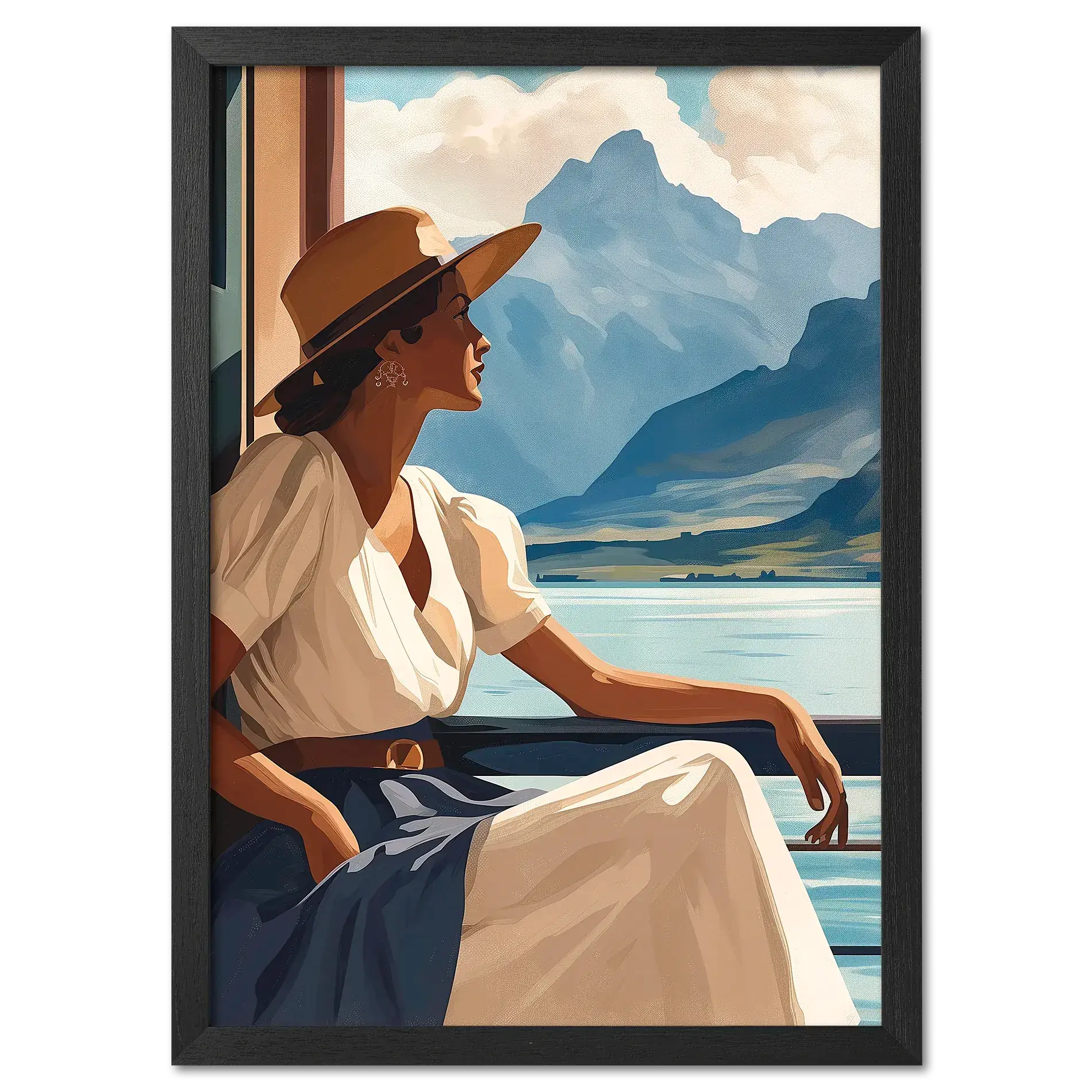 Girl near mountain water - Poster showing a serene woman by a lake with mountain views and warm sunlight.