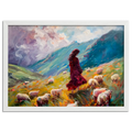 Girl on the mountain with sheep - Poster featuring a woman in a meadow with sheep and vibrant scenery.