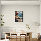 Girl near mountain water - Poster in modern minimalist interior, showcasing serene lakeside view.