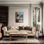 Girl near mountain water - Poster displayed in a cozy living room with modern decor and natural light.