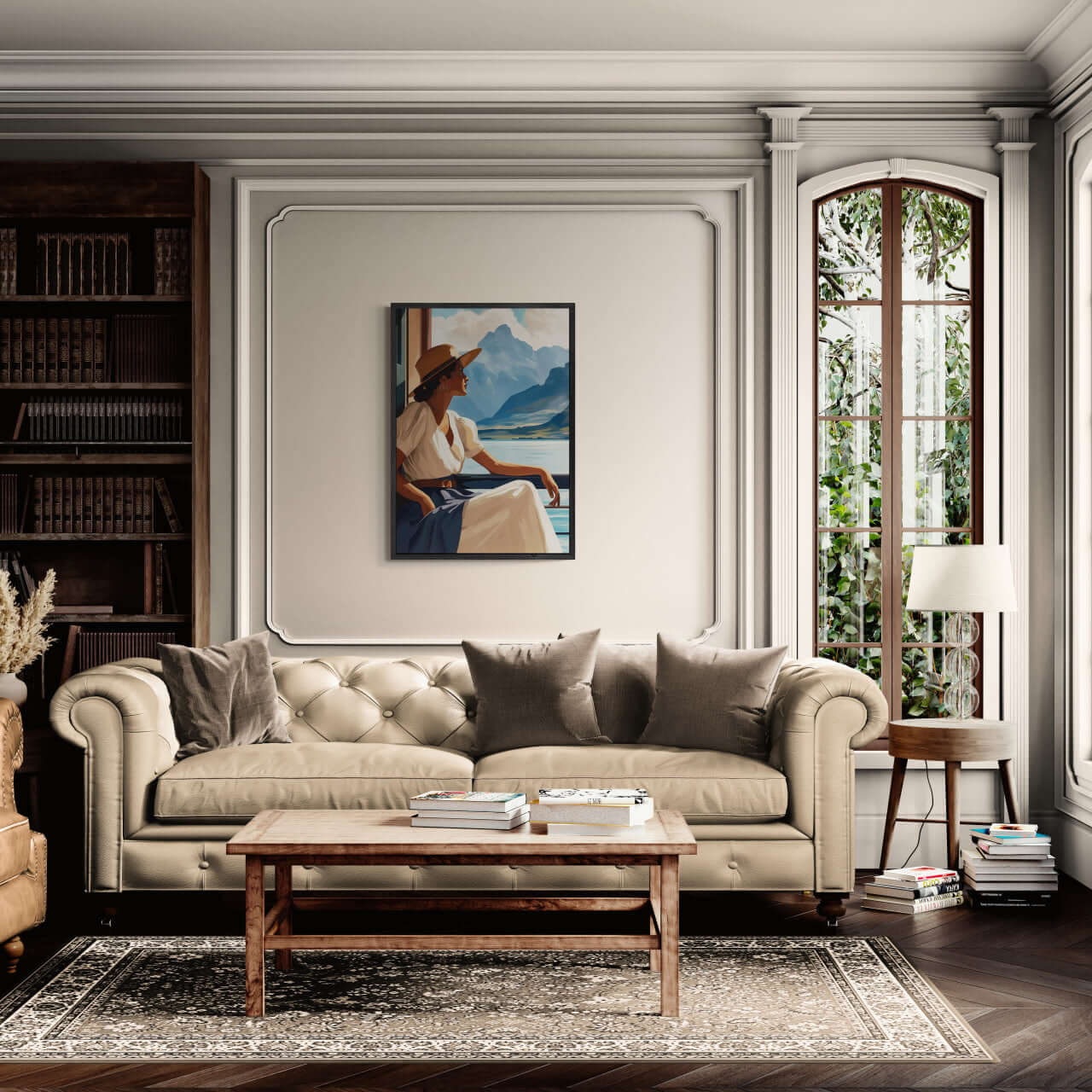Girl near mountain water - Poster displayed in a cozy living room with modern decor and natural light.