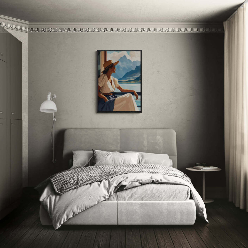 Girl near mountain water - Poster displayed in a modern bedroom with soft furnishings and natural light.