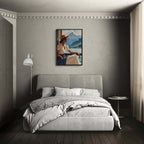 Girl near mountain water - Poster displayed in a modern bedroom with soft furnishings and natural light.