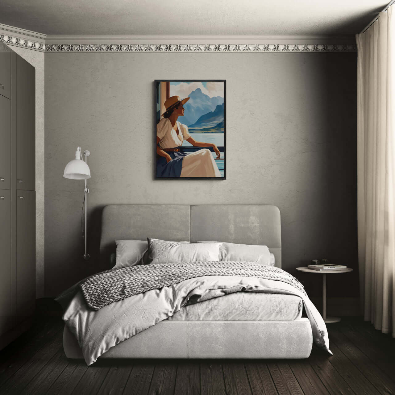 Girl near mountain water - Poster displayed in a modern bedroom with soft furnishings and natural light.