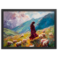 Girl on the mountain with sheep - Poster featuring a woman in a red dress walking among sheep in a colorful meadow.