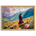 Girl on the mountain with sheep - Poster featuring a woman in a meadow surrounded by sheep and vibrant landscapes.