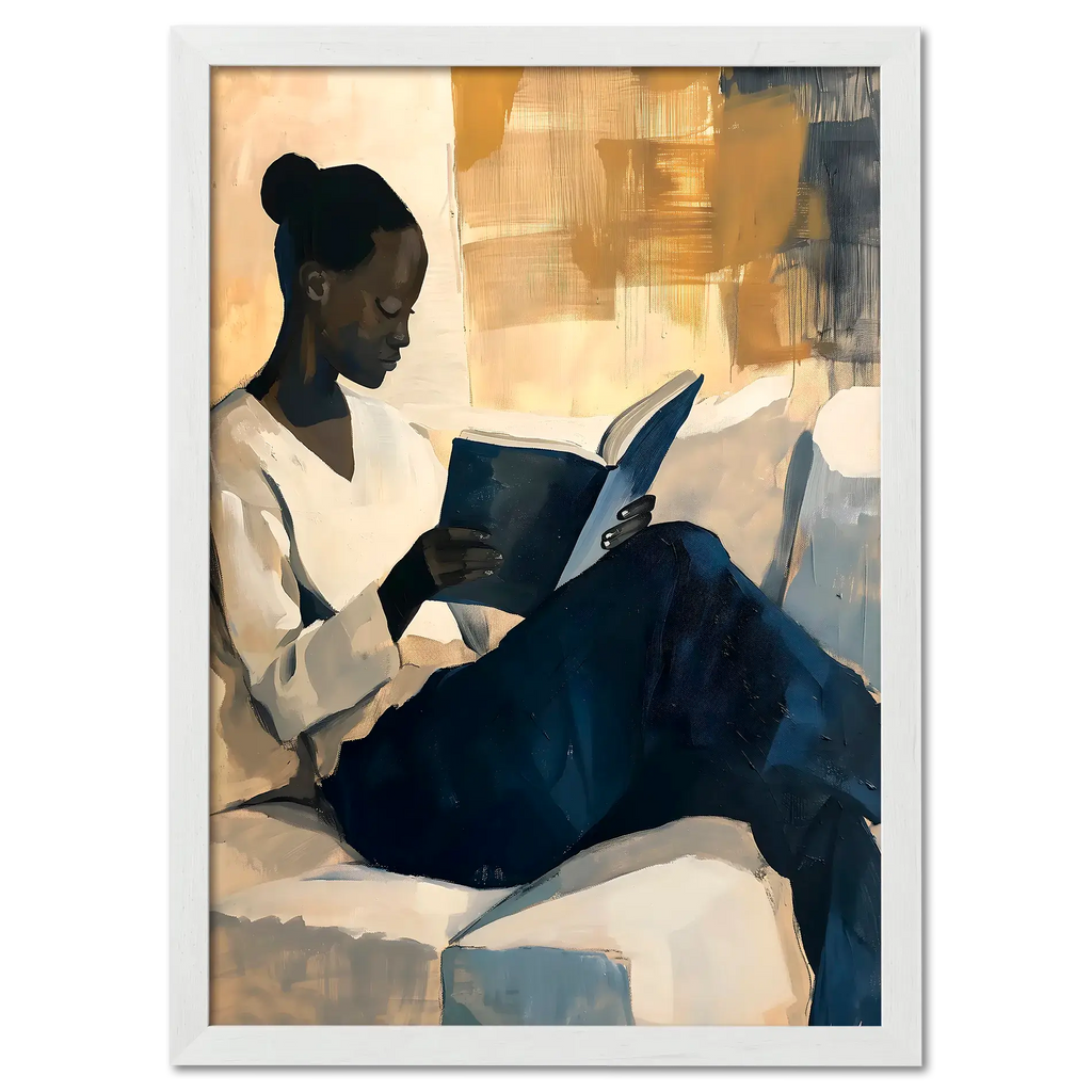 Girl reading a book - Poster, a woman enjoying a book in a warm, cozy interior setting.