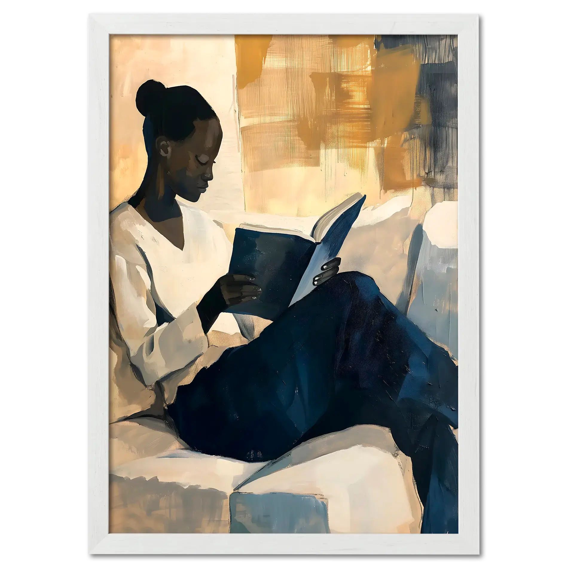Girl reading a book - Poster, a woman enjoying a book in a warm, cozy interior setting.