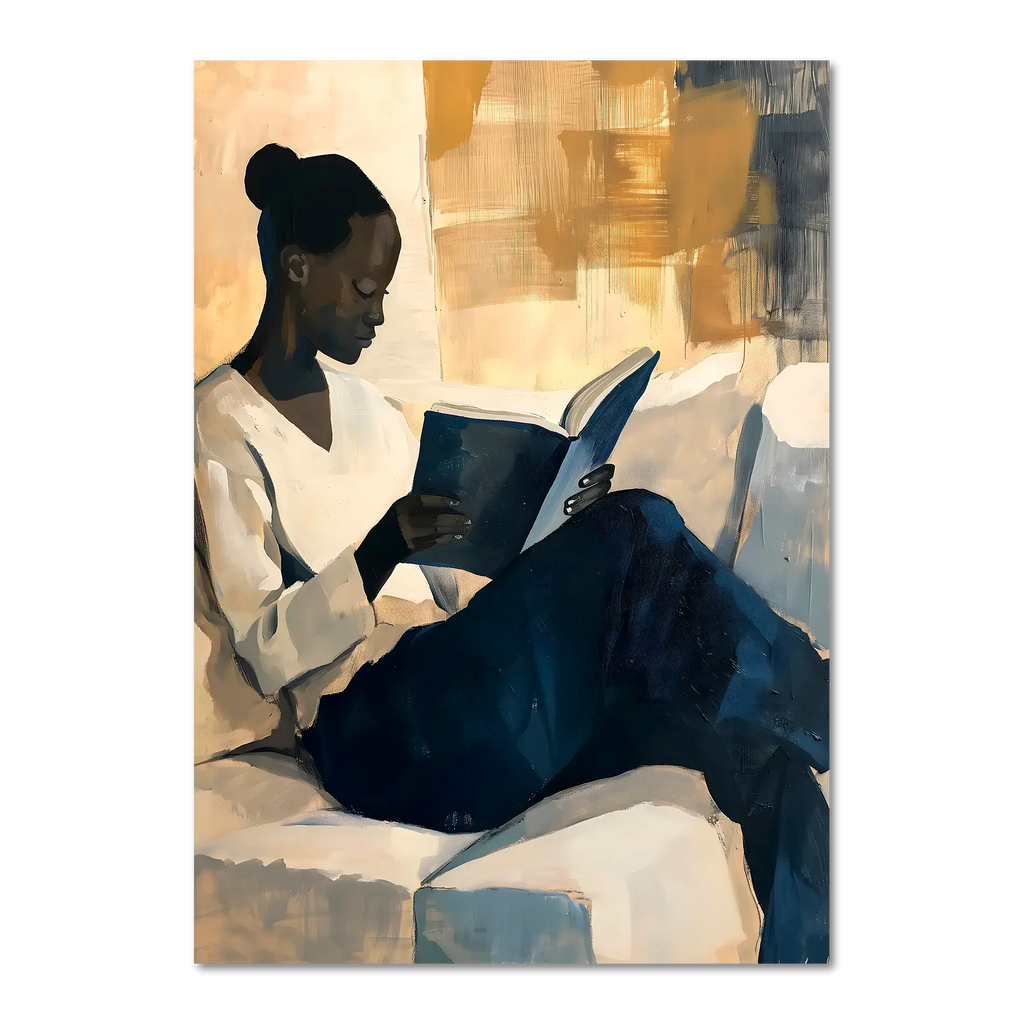 Girl reading a book - Poster, woman enjoying a book in a cozy interior with warm tones.