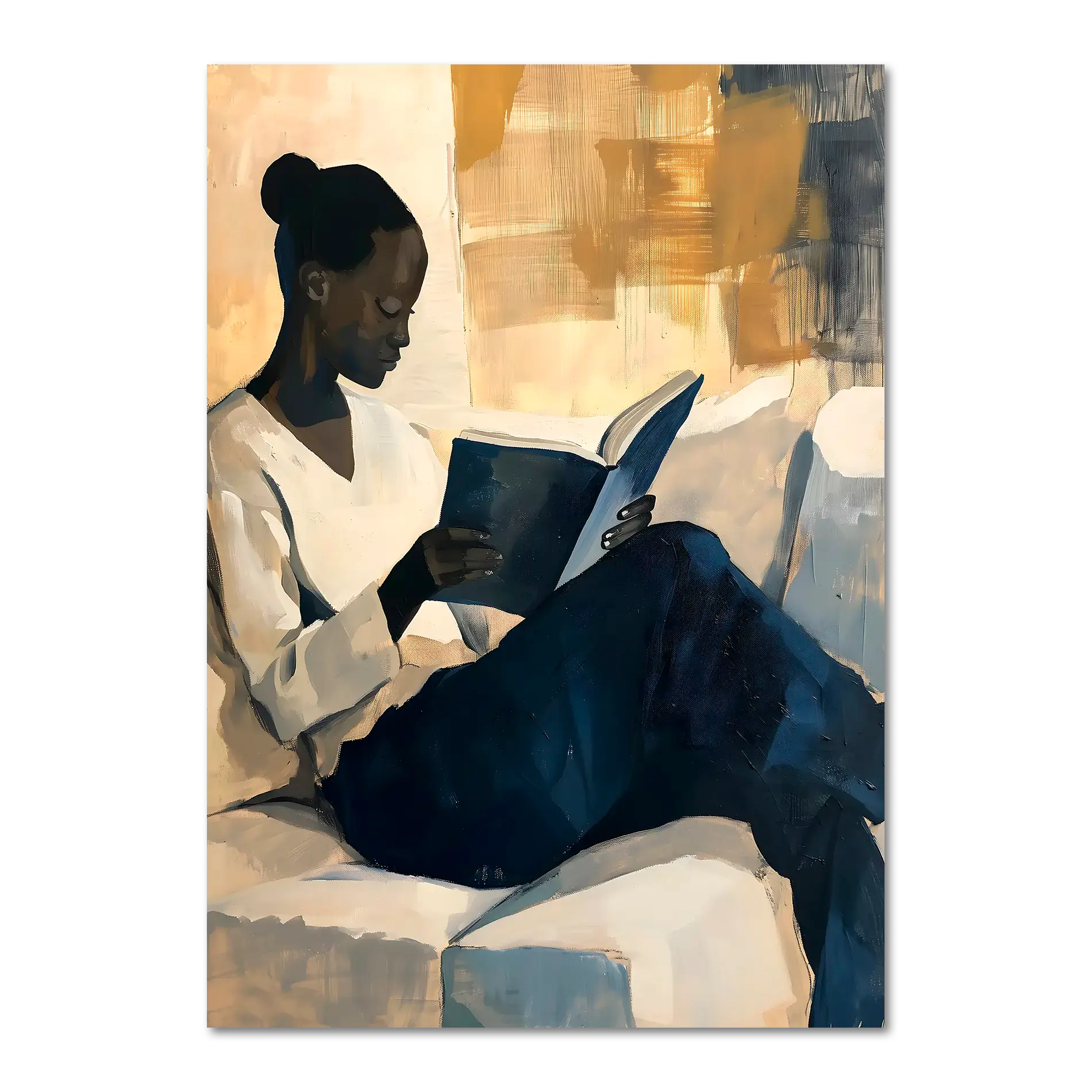 Girl reading a book - Poster, woman enjoying a book in a cozy interior with warm tones.