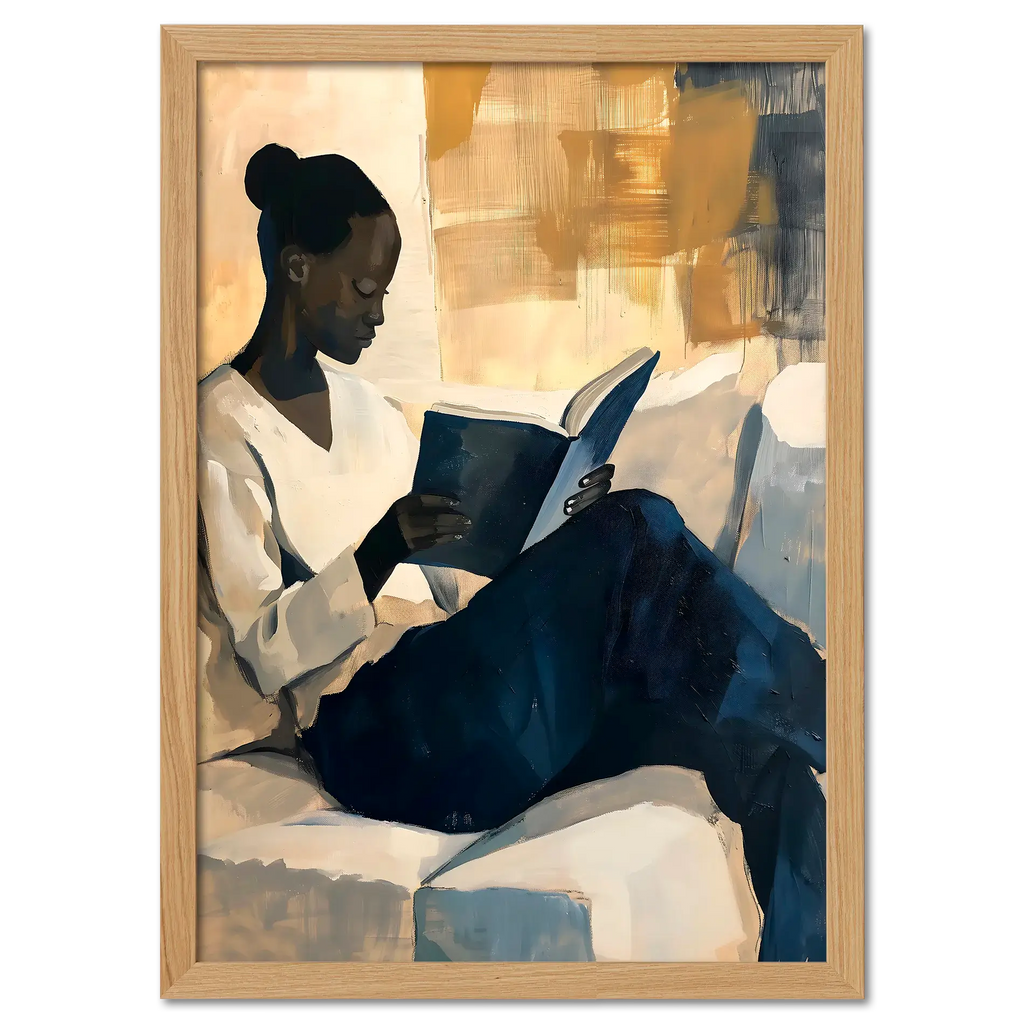 Girl reading a book - Poster, artwork of a woman reading in a cozy interior, perfect wall art for modern spaces.