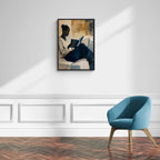 Girl reading a book - Poster displayed in a stylish interior with a blue chair and warm tones.