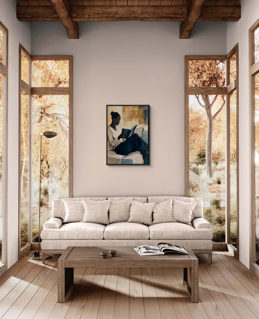 Girl reading a book - Poster showcased in a cozy modern living room with bright natural light.