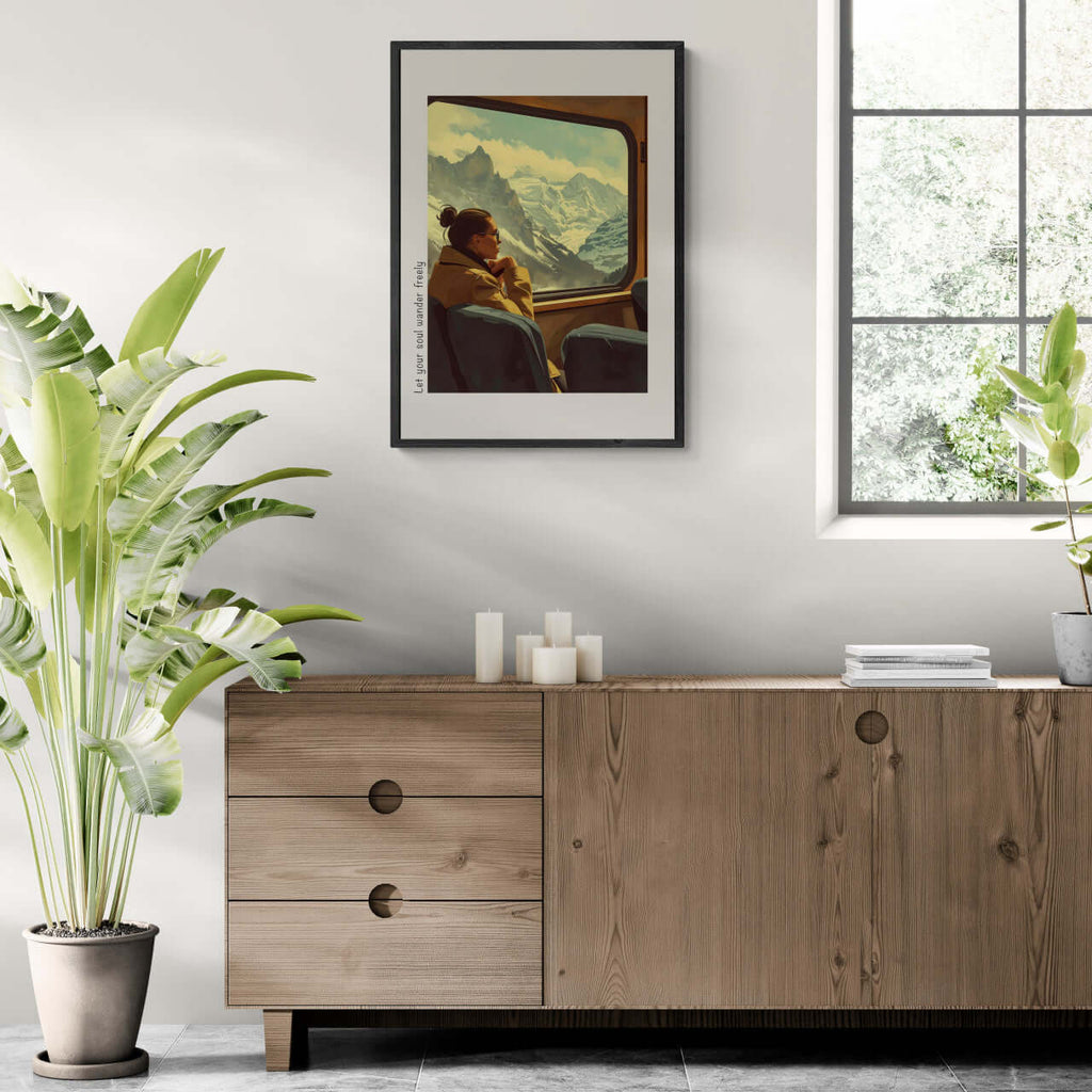Girl rides with a view of the mountains - Poster showcasing a woman by a train window, framed art in a serene interior.
