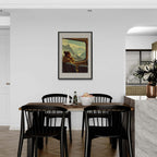 Girl rides with a view of the mountains - Poster displayed in a modern dining room with black chairs.