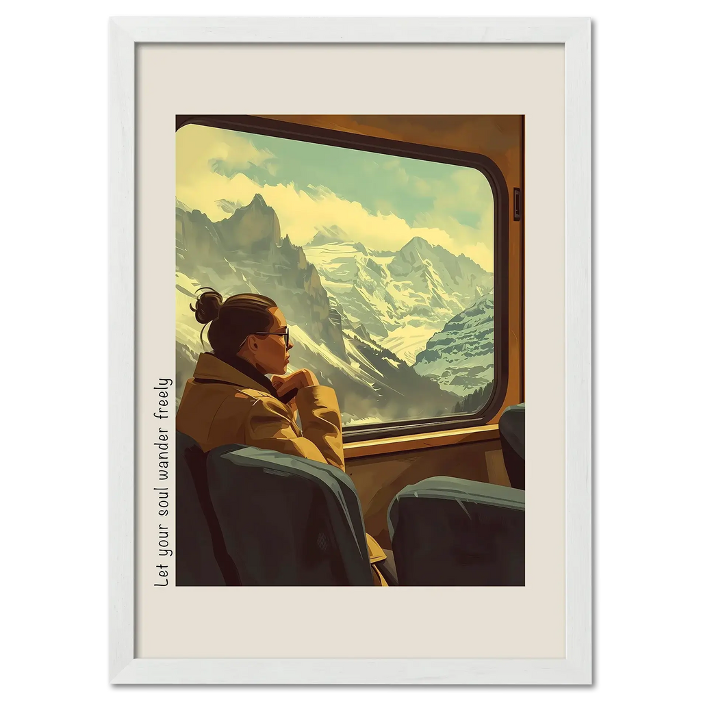 Girl rides with a view of the mountains - Poster featuring a woman gazing at snowy peaks from a train window.