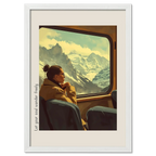 Girl rides with a view of the mountains - Poster featuring a woman gazing at snowy peaks from a train window.