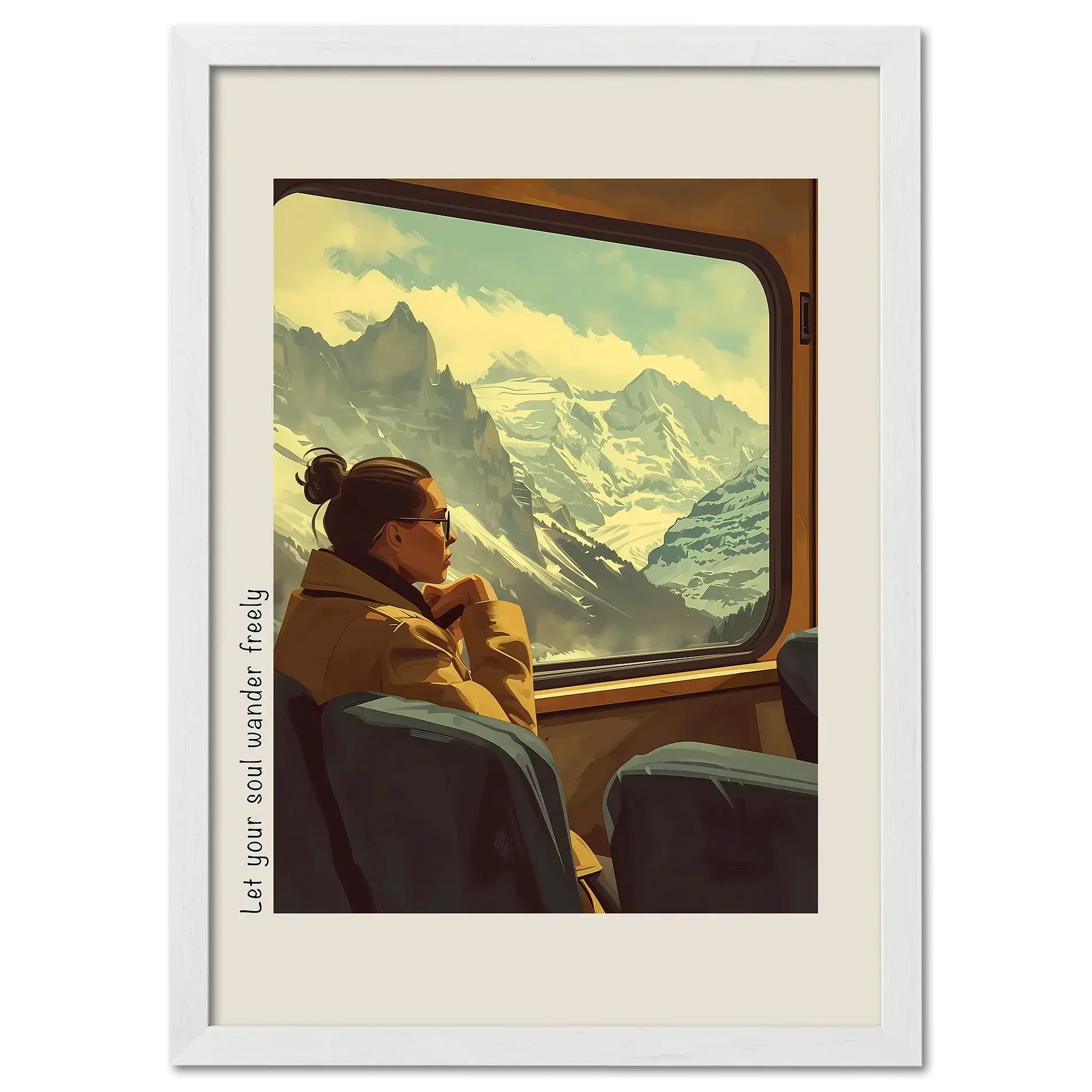 Girl rides with a view of the mountains - Poster featuring a woman gazing at snowy peaks from a train window.