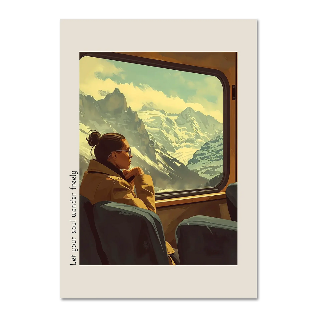 Girl rides with a view of the mountains - Poster featuring a woman gazing at snowy mountains from a train window.