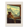 Girl rides with a view of the mountains - Poster featuring a woman gazing at snowy mountains from a train window.