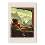 Girl rides with a view of the mountains - Poster featuring a woman gazing at snowy mountains from a train window.