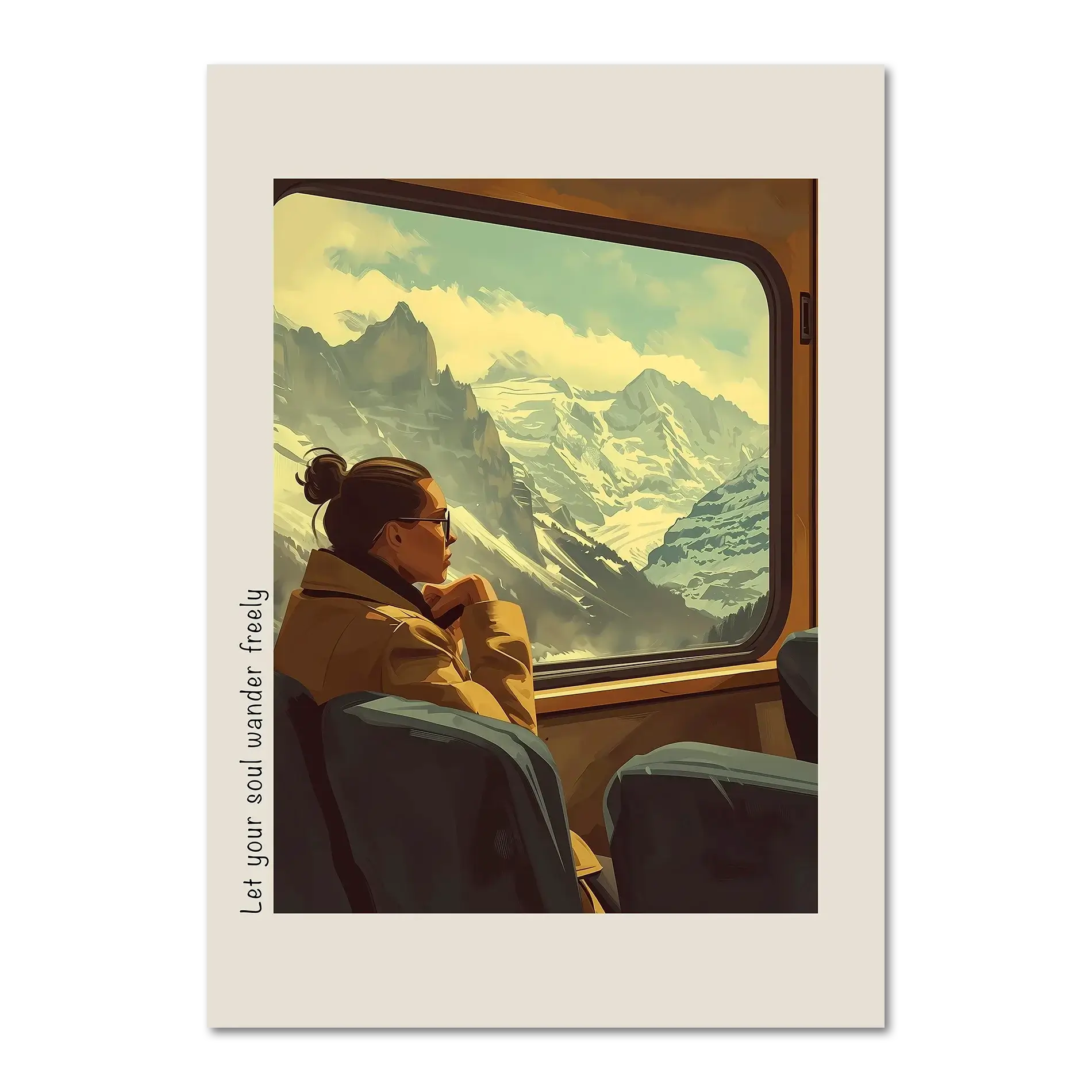 Girl rides with a view of the mountains - Poster featuring a woman gazing at snowy mountains from a train window.