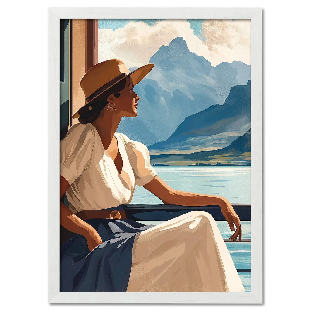 Girl near mountain water - Poster featuring a woman gazing at mountains from a lakeside balcony.