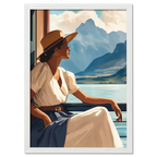 Girl near mountain water - Poster featuring a woman gazing at mountains from a lakeside balcony.