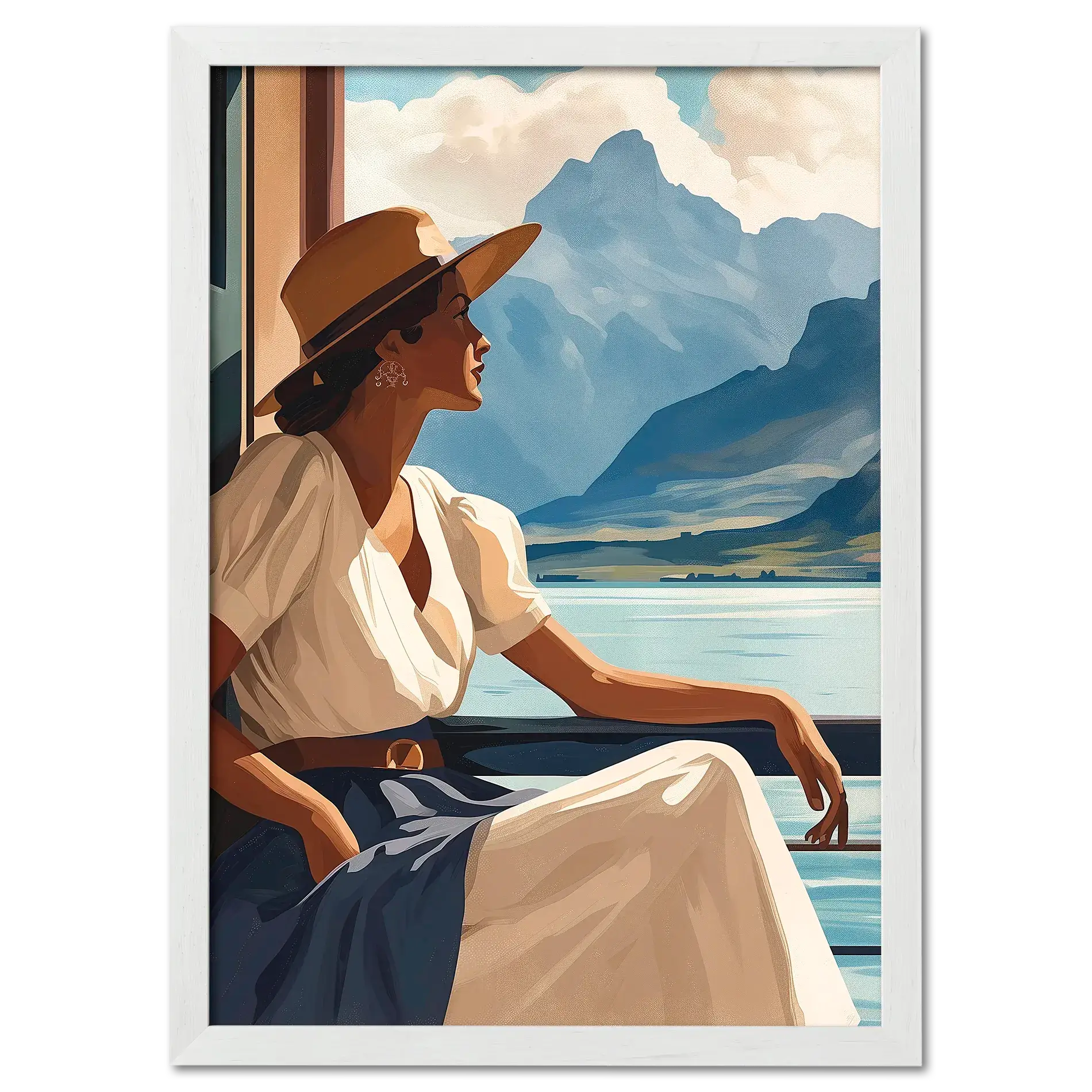 Girl near mountain water - Poster featuring a woman gazing at mountains from a lakeside balcony.