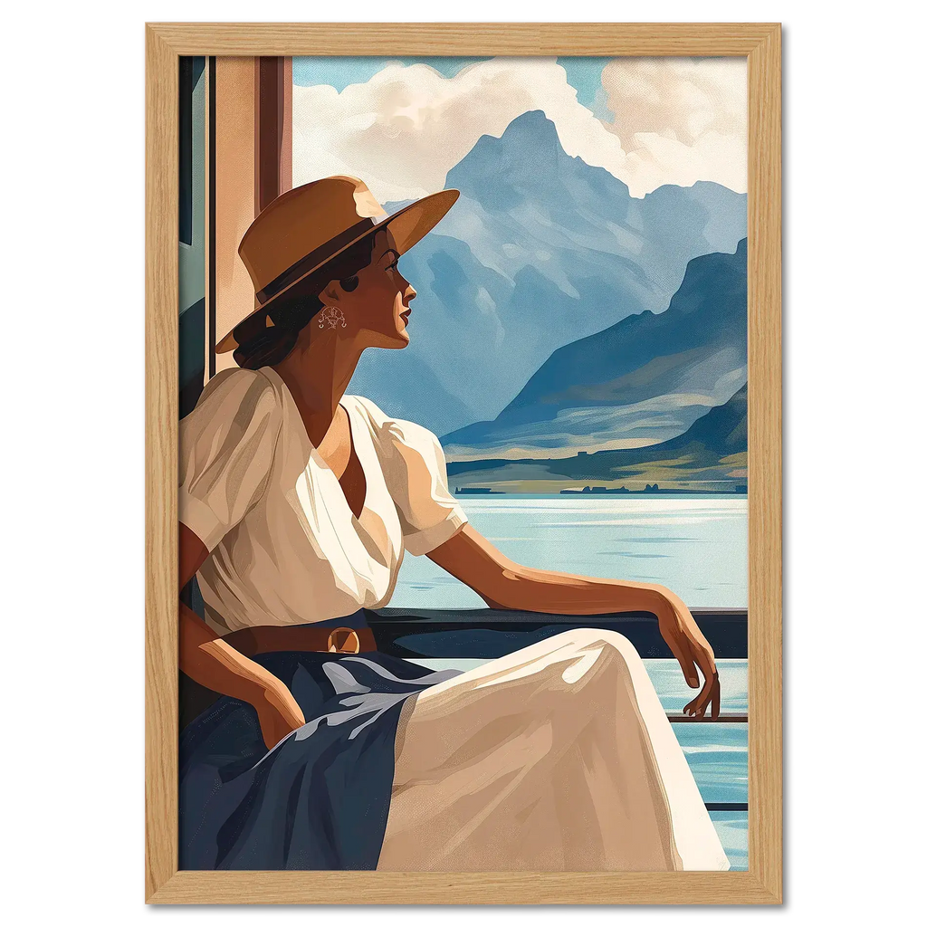 Girl near mountain water - Poster, woman in white dress and hat by lakeside enjoying mountain view.