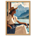 Girl near mountain water - Poster, woman in white dress and hat by lakeside enjoying mountain view.