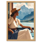 Girl near mountain water - Poster, woman in white dress and hat by lakeside enjoying mountain view.