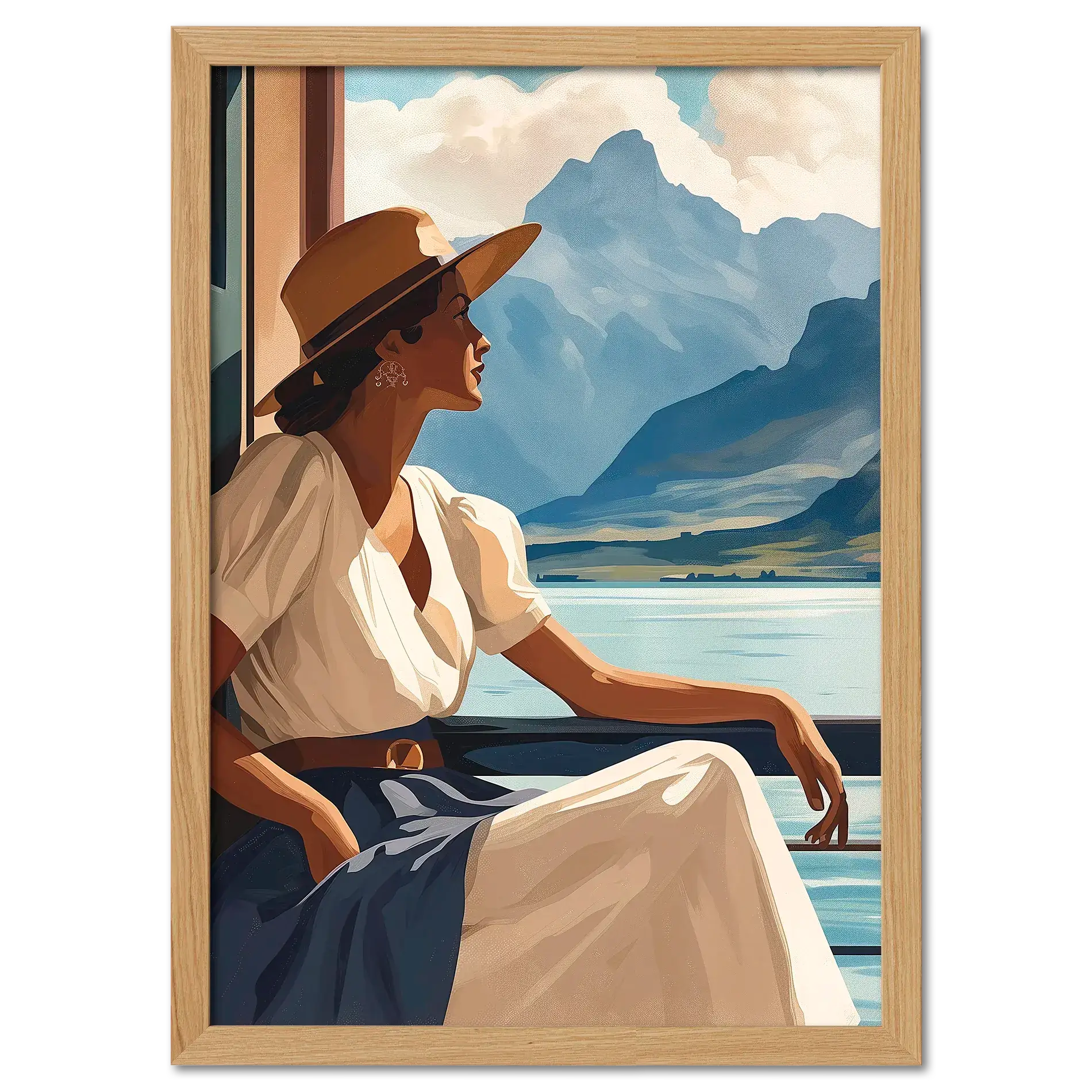 Girl near mountain water - Poster, woman in white dress and hat by lakeside enjoying mountain view.