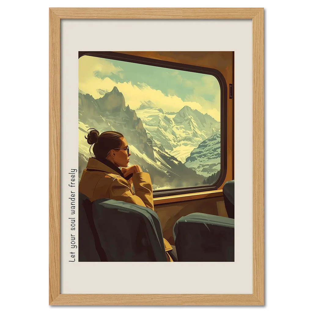 Girl rides with a view of the mountains - Poster showing a woman gazing at snowy peaks through a train window.