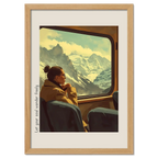 Girl rides with a view of the mountains - Poster showing a woman gazing at snowy peaks through a train window.