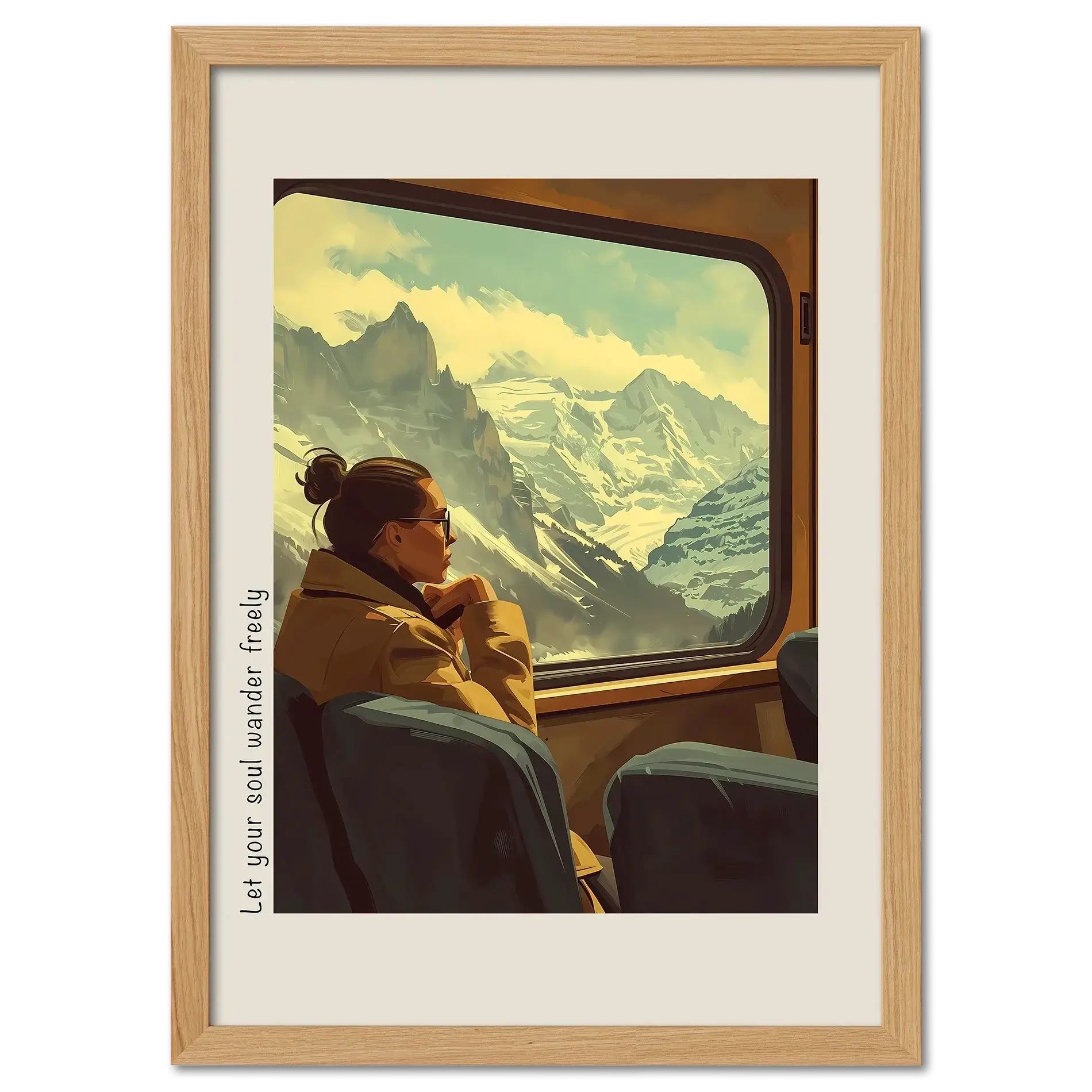 Girl rides with a view of the mountains - Poster showing a woman gazing at snowy peaks through a train window.