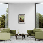 Girl rides with a view of the mountains - Poster displayed in a modern living room with green chairs.
