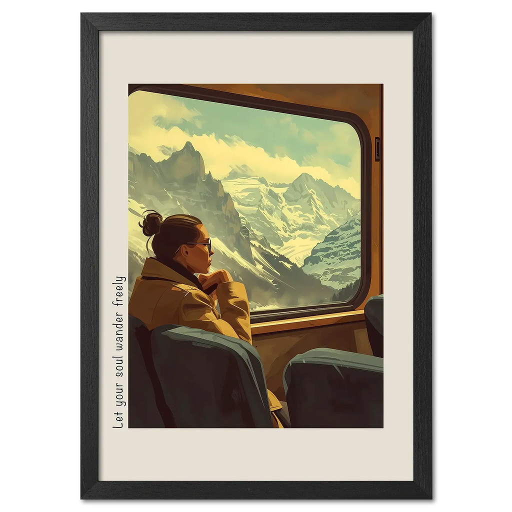 Girl rides with a view of the mountains - Poster showing a woman gazing out the train window at snowy peaks.