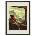 Girl rides with a view of the mountains - Poster showing a woman gazing out the train window at snowy peaks.